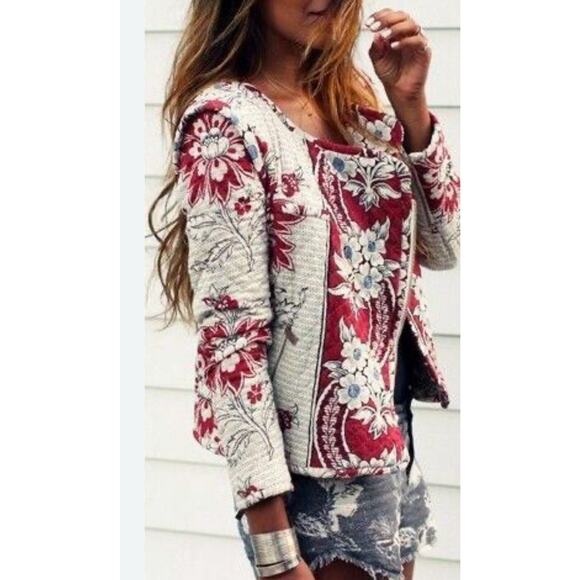 ZARA TRAFALUC BLAZER PRINTED FLORAL Zip QUILTED CARDIGAN WHITE RED JACKET COAT S - Picture 1 of 10